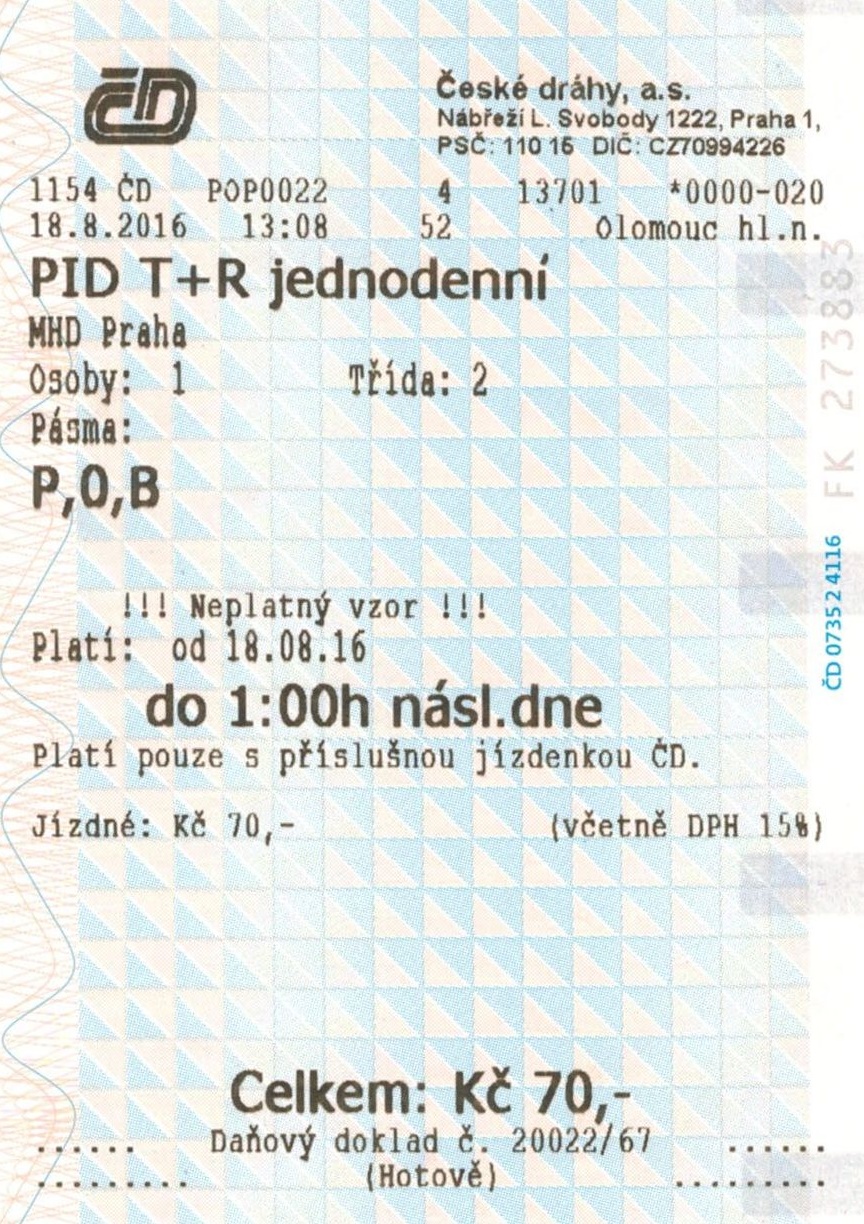 Jízdenka T plus R celodenní jízdné MHD Praha