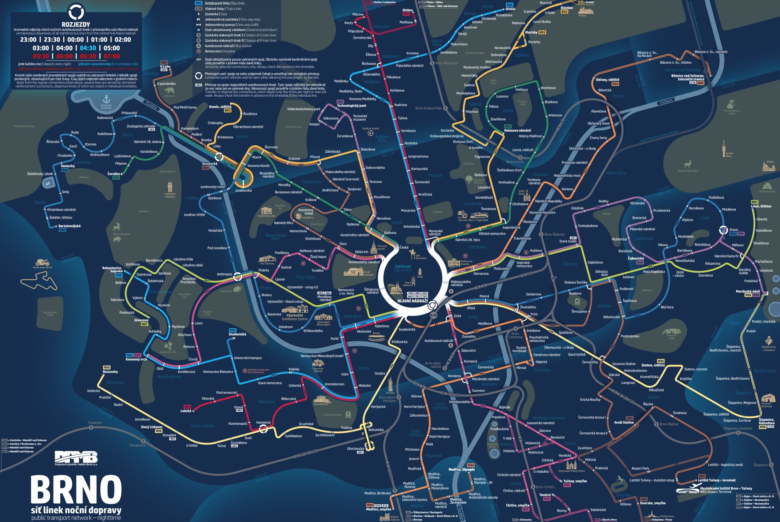 Mapa Přehled linek MHD Brno noční linky