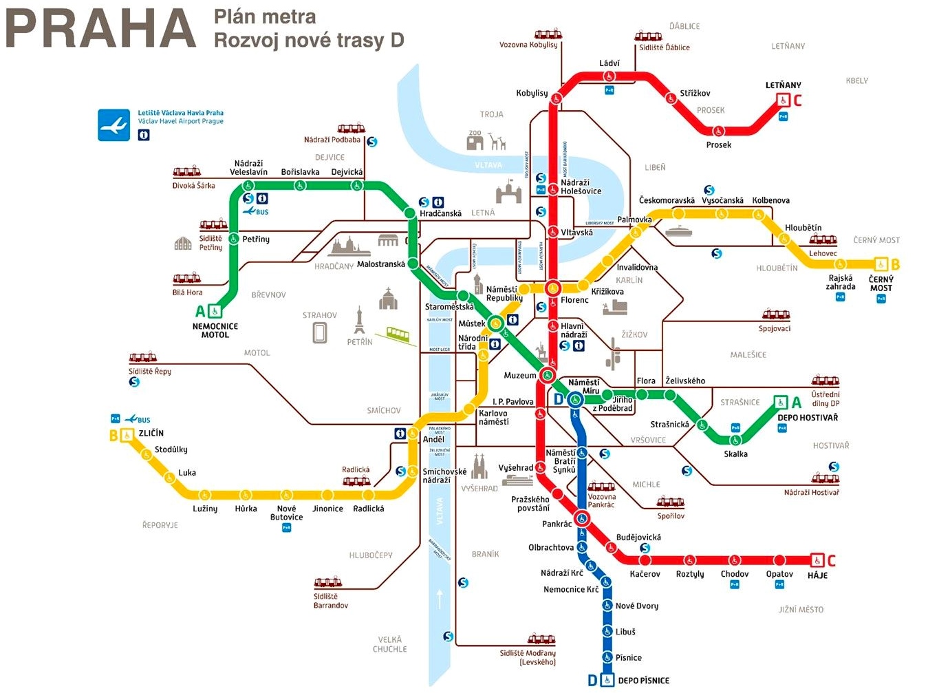 Mapa metra D Praha názvy stanic