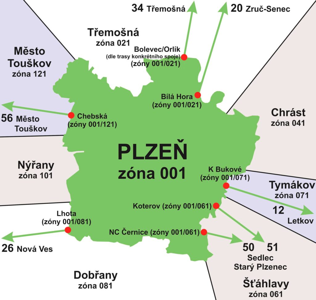 Hraniční zastávky denních linek MHD mezi tarifní zónou 001 Plzeň a dalšími zónami