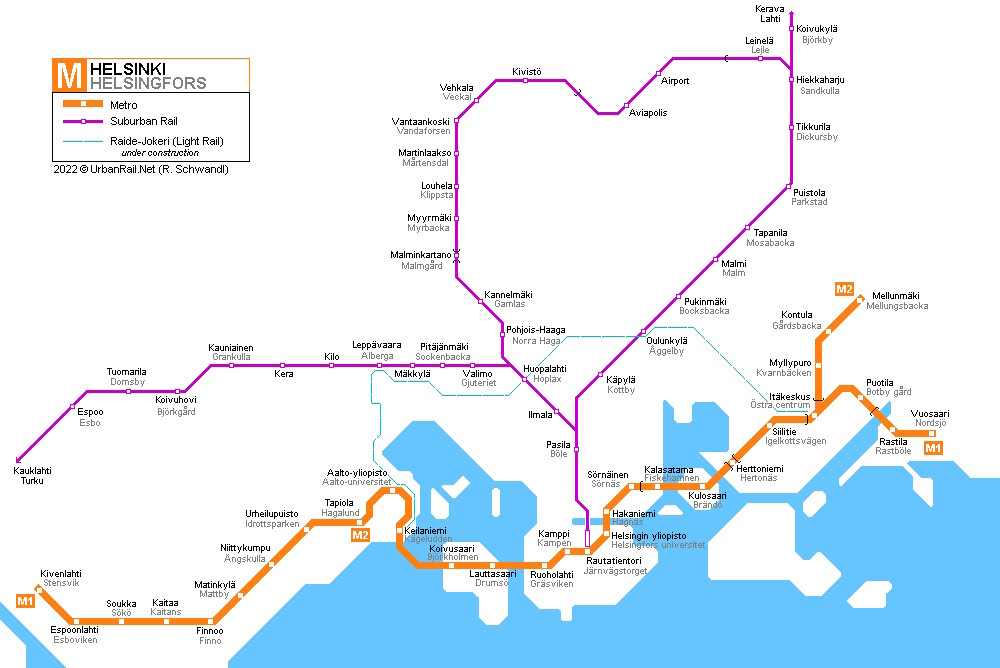 Mapa Metra Helsinki a napojení na železnici (aktuální)